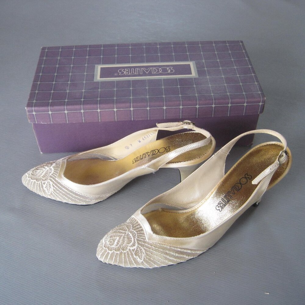 Socialites Opaque Slingback Champagne Satin, Size 9 - run narrow 3 inch